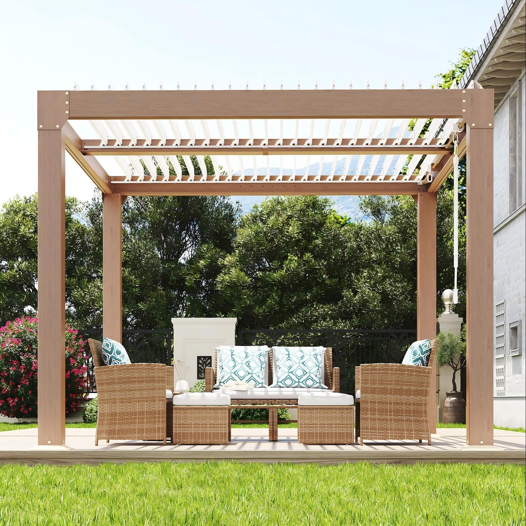 Garvee 10 x 10 FT Louvered Pergola, 0°–90° Adjustable Aluminum Roof Gazebo with Integrated Drainage, Reinforced Frame for Patio, Deck & Backyard, Wood Grain