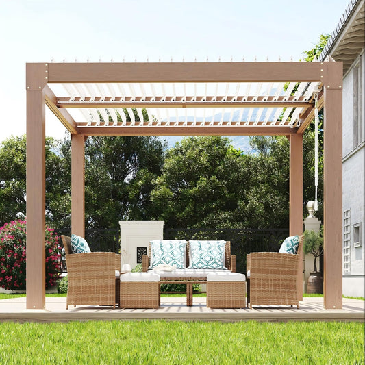 Garvee 10 x 10 FT Louvered Pergola, 0°–90° Adjustable Aluminum Roof Gazebo with Integrated Drainage, Reinforced Frame for Patio, Deck & Backyard, Wood Grain