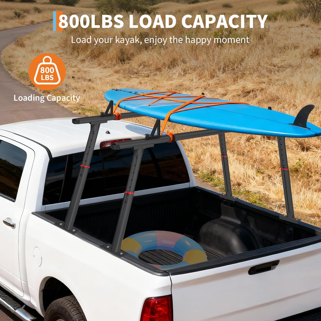 Garvee Truck Rack, 35.4-71in Adjustable Width Ladder Rack for Truck, Aluminum 800 Lbs Capacity, Heavy Duty Truck Bed Rack, Stable Drilling Cargo Support System for Kayak, Surfboard, Lumber, Black