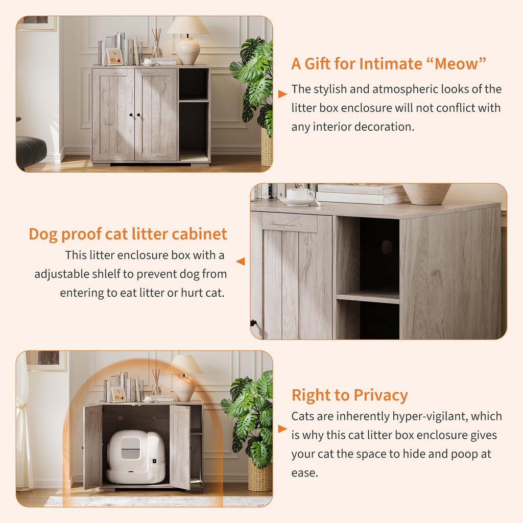 Garvee Dog-Proof Large Cat Litter Box Enclosure with Scratch Pad, Automatic Cleaning, Power Outlet, Wood Material, Dog-Proof Shelf, Spacious Design, Home Use