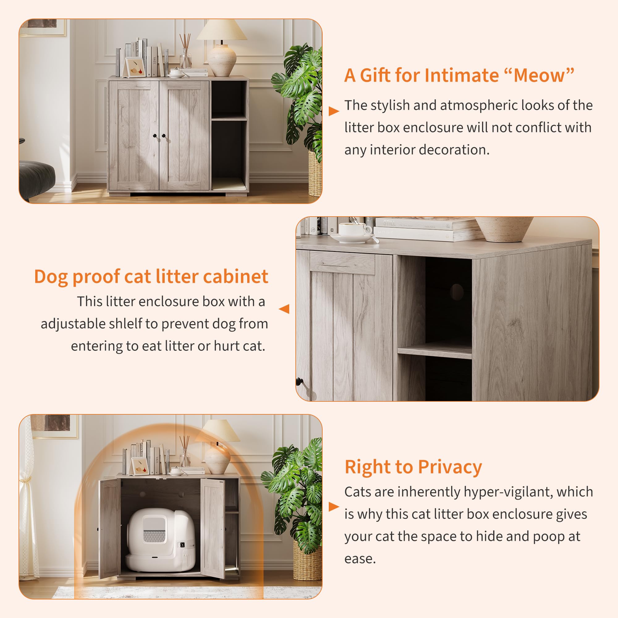 Garvee Dog-Proof Large Cat Litter Box Enclosure with Scratch Pad, Automatic Cleaning, Power Outlet, Wood Material, Dog-Proof Shelf, Spacious Design, Home Use
