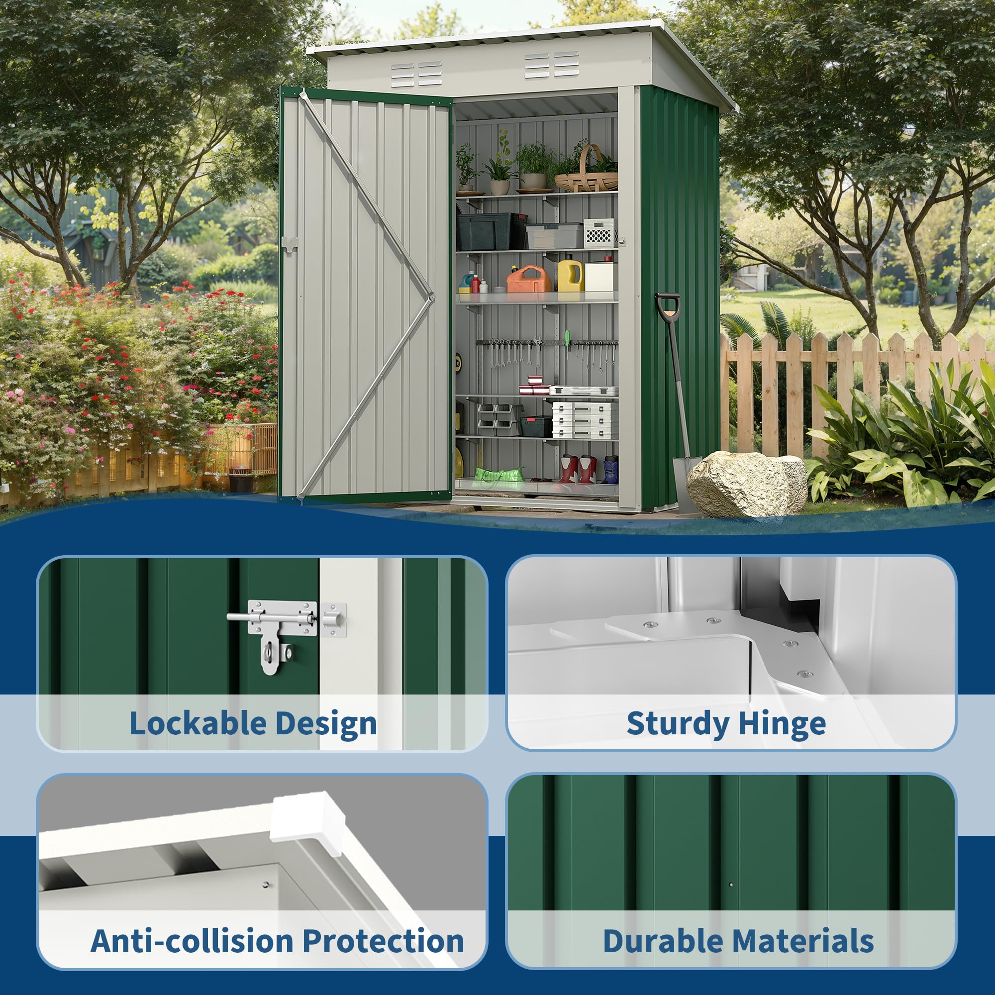 Garvee 5×3FT Metal Outdoor Storage Shed, 67 Cu.Ft Weather-Resistant Galvanized Steel Garden Shed with Lockable Door, Sloped Roof & Vents, Patio Lawn Equipment Storage House, Dark Green