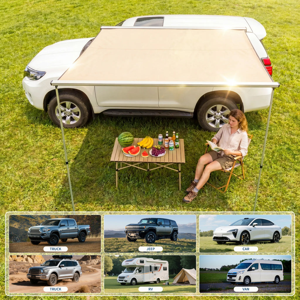 Garvee SUV Truck Van Roof Rack Awning - Retractable Side Sun Shade, UV50+ 600D Oxford Waterproof Canopy, Adjustable Aluminum Poles, Outdoor Camping Shelter with Storage Bag, 200x250cm, Khaki