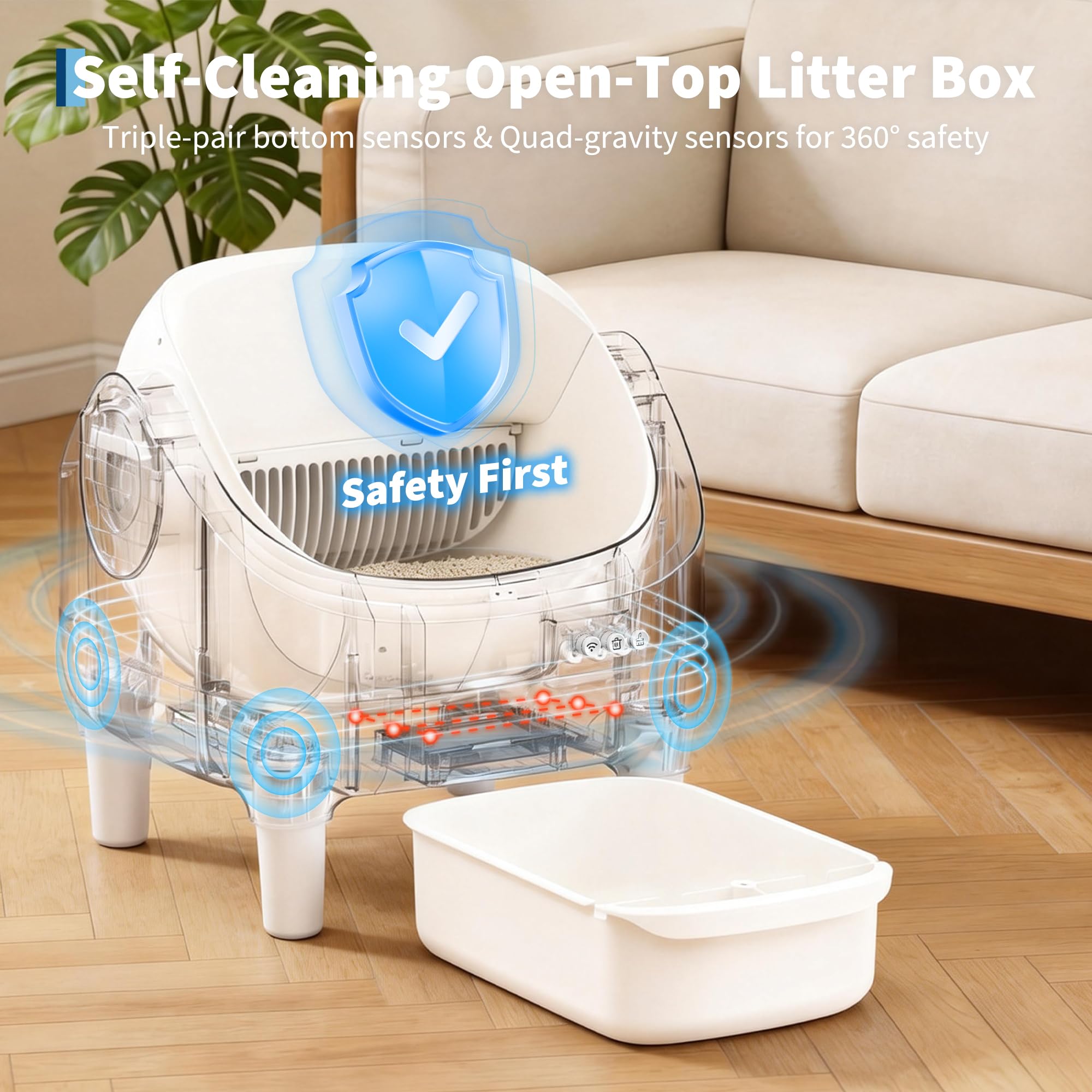 Garvee Self-Cleaning Cat Litter Box with App Control, Automatic Litter Box with Odor-Free 10.5L Bin, Whisper-Quiet, 7-Layer Safety, Open-Top Design for Large & Multiple Cats, White