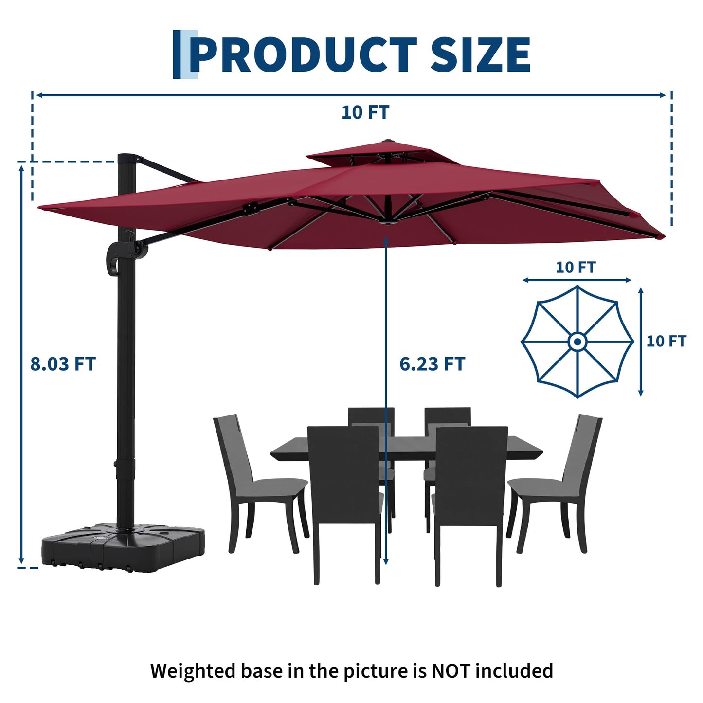 Garvee 10' × 10' Cantilever Patio Umbrella, 360° Rotating Aluminum Offset Umbrella with Adjustable Height, Burgundy Red, Base Not Included
