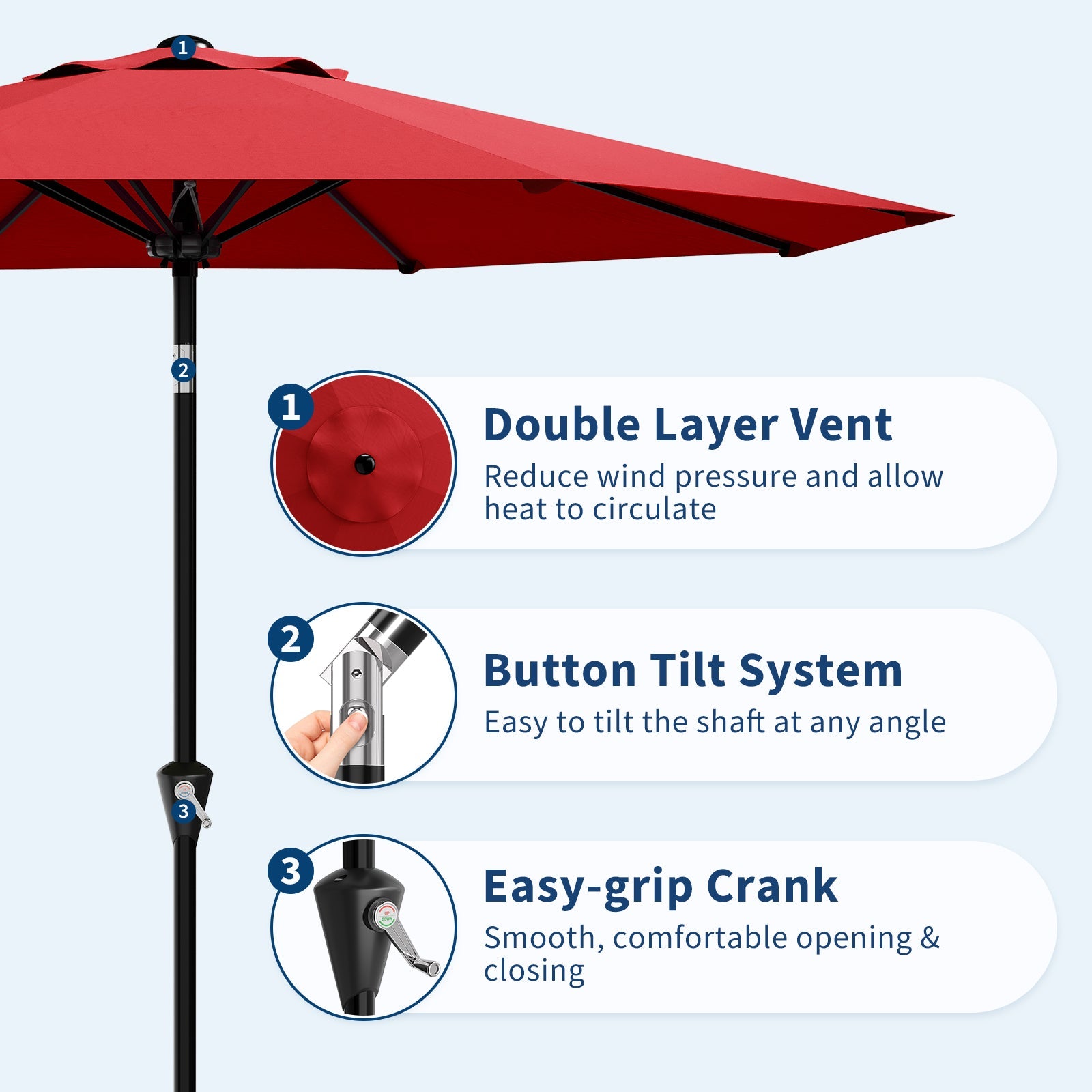 Garvee 10FT Red Patio Umbrella for Outdoor Table – UV Protection, Waterproof Market Umbrella, Smooth Crank Lift, Push Button Tilt, 8 Sturdy Ribs – For Deck, Pool, Garden, Yard