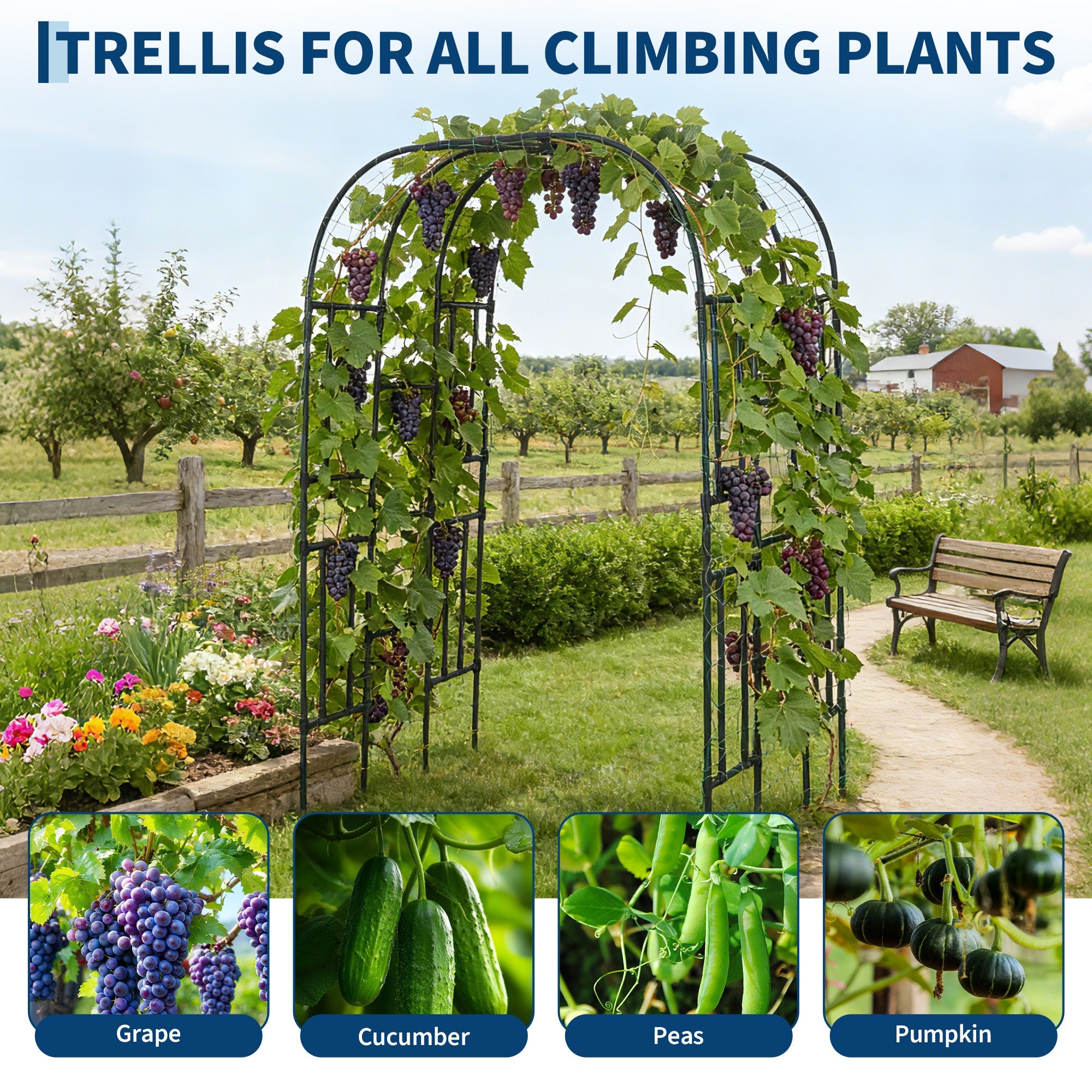 Garvee Garden Arch Trellis, 86"H x 63"L x 47"W Galvanized Steel Dome Arbor with UV-Resistant PE Coating for Climbing Plants, Roses & Grapes