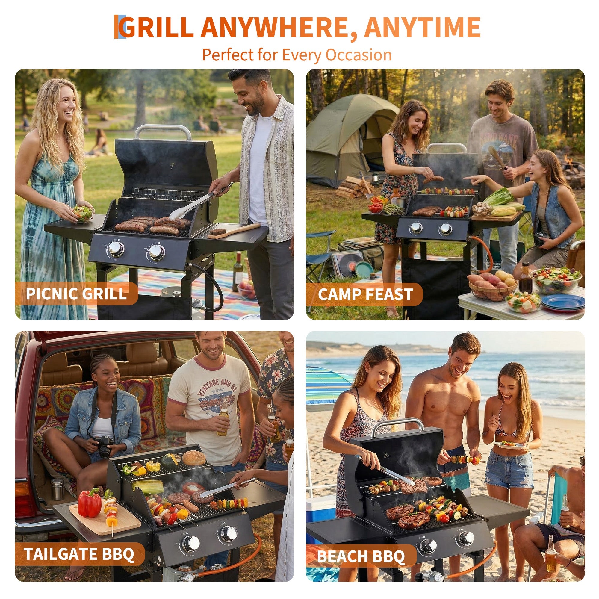 Garvee 2-Burner Propane Gas Grill – 16,000 BTU Matte Black BBQ Cart Grill with Cast Iron Grates, Foldable Side Tables, Built-in Thermometer & Warming Rack for Patio, Tailgating, Camping