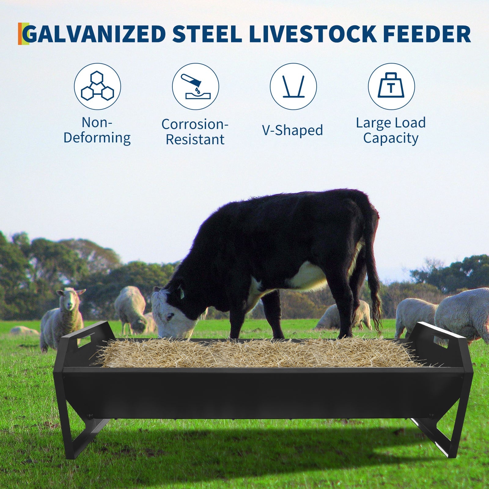 Garvee Livestock Feeder, 45.13" Hay Feeder for 10 Sheep Once, Heavy Duty 22 Gallon Capacity Livestock Feeding Trough for Horse, Goat, Sheep, Cattle, Cow, Alpaca, Black