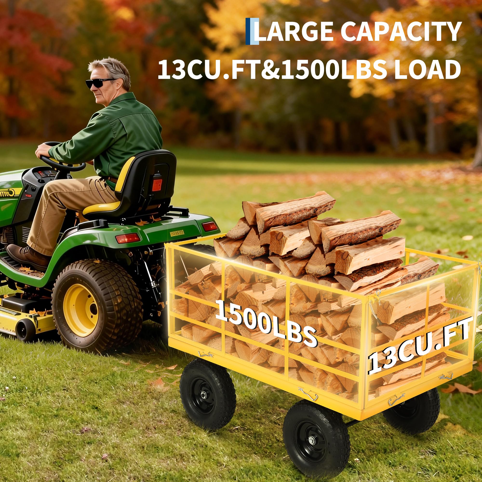 Garvee 1500 LB Garden Dump Cart with 13 in All Terrain Tires, 3-in-1 Yard Wagon Cart with Removable Side Panels, Heavy Duty Outdoor Metal Utility Wagon Yard Trailer for Outdoor Lawn, Yard, Backyard