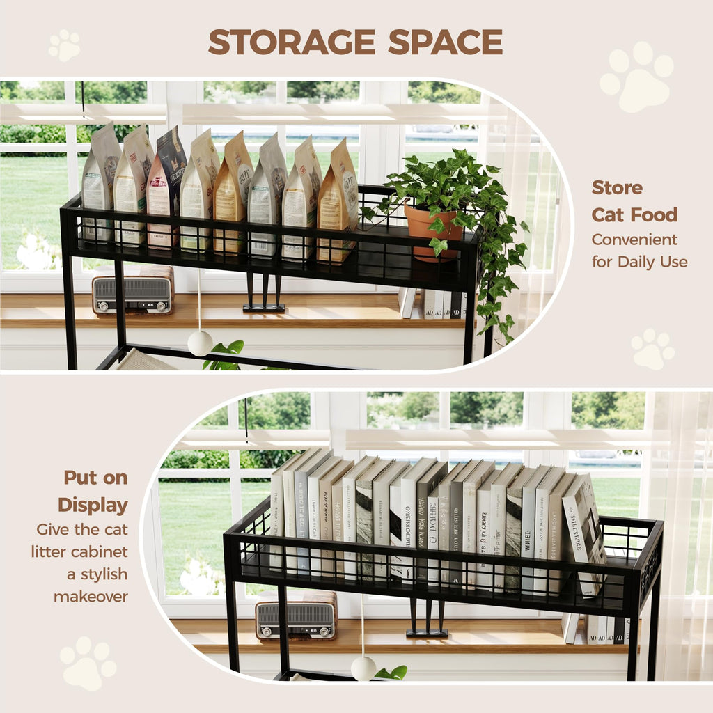 Garvee Modern Hidden Cat Litter Box Enclosure with Storage Rack, Indoor Enclosed Cat Furniture, Hammock, Sisal Balls, Scratching Mat, Multi-Level Private Cat House, Gray