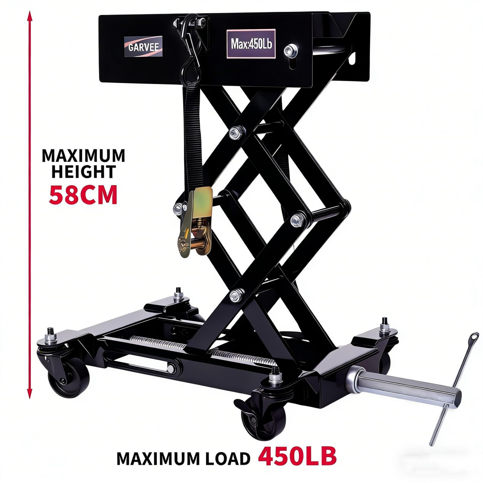 Garvee 450 lbs Transmission Jack - Low-Profile 7"-23" Lift, Heavy-Duty Steel Design with Safety Straps and 4 Swivel Wheels for Garage Use, Black