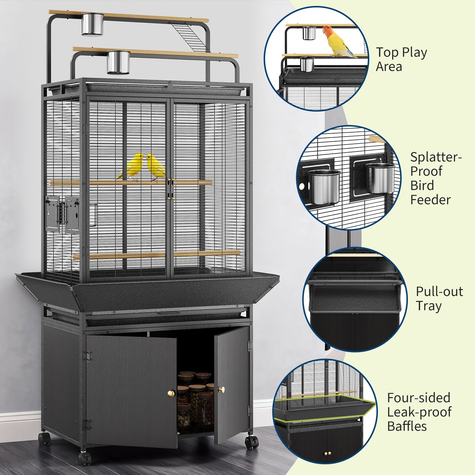 Garvee Large Bird Cage, 71"H Rolling Birdcage with Play Top & Storage Cabinet, Sturdy Metal Flight Cage for Macaw Parakeet Parrot Cockatiel Budgie