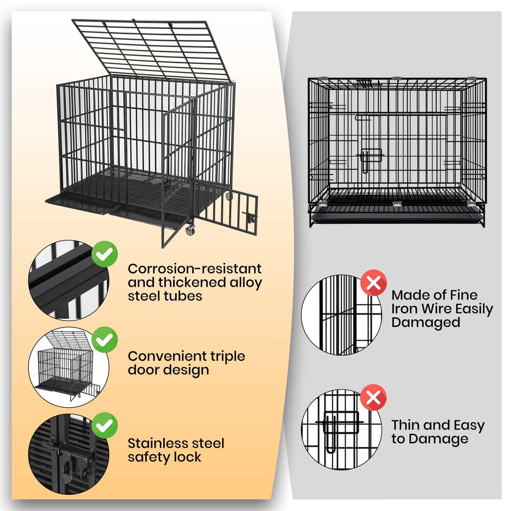 Garvee 54 Inch Heavy Duty Dog Crate, Metal Escape Proof Dog Kennel Indoor with 3 Doors, Removable Tray, Extra Large Dog Cage with Wheels for Large and Medium Dogs, Black