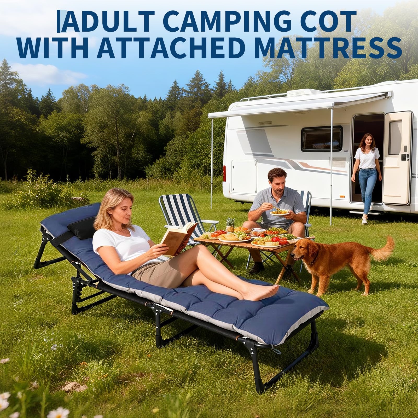 Garvee Portable Camping Cot for Adults, Heavy Duty Folding Bed with Thick Mattress Max 400LBS, Sleeping Cot for Camping, Travel, Home & Guest, Blue