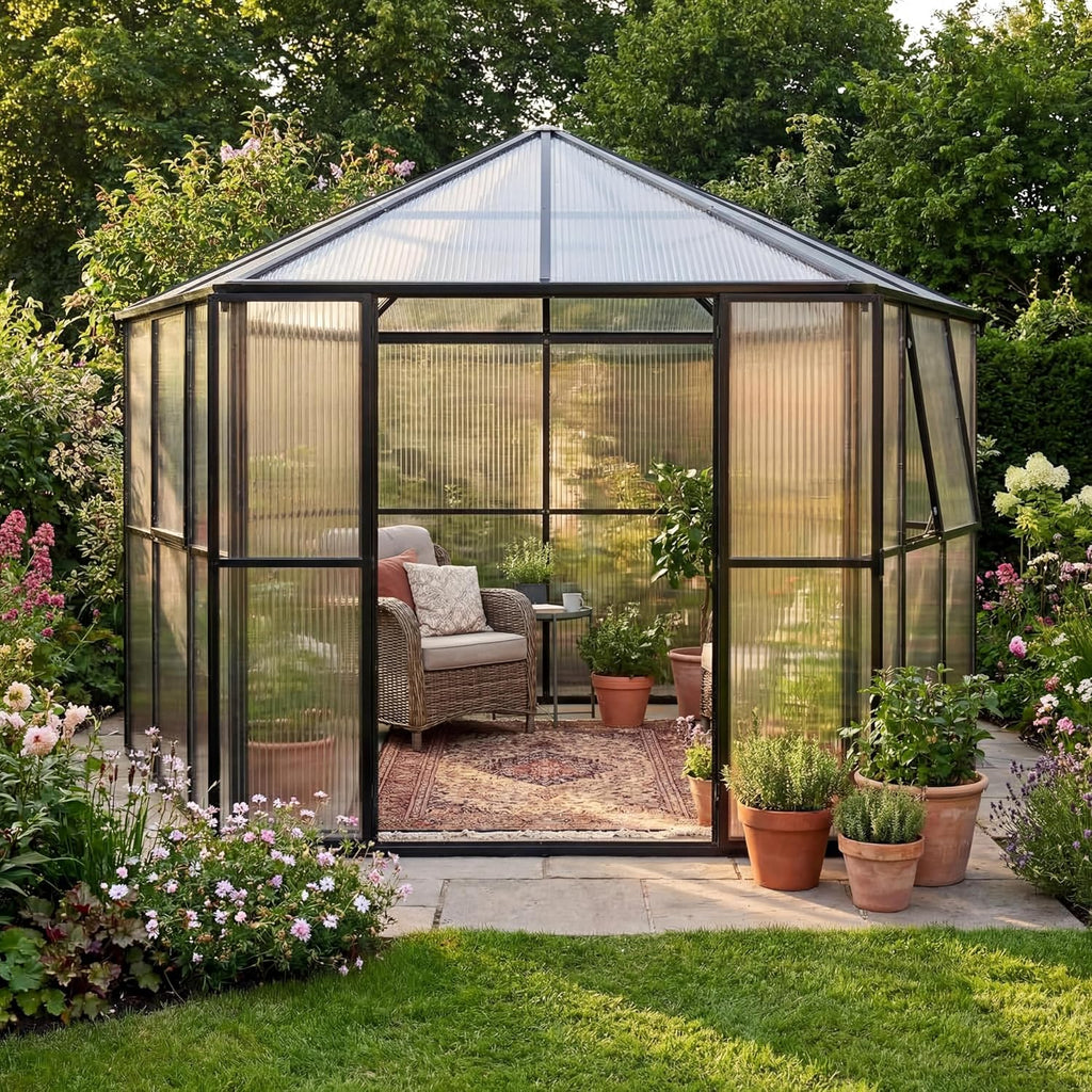 Garvee Hexagonal Walk-In Greenhouse 12×10×8 ft, 4mm UV-Resistant Polycarbonate Panels, 2 Vents & Dual Lockable Doors for Backyard Garden