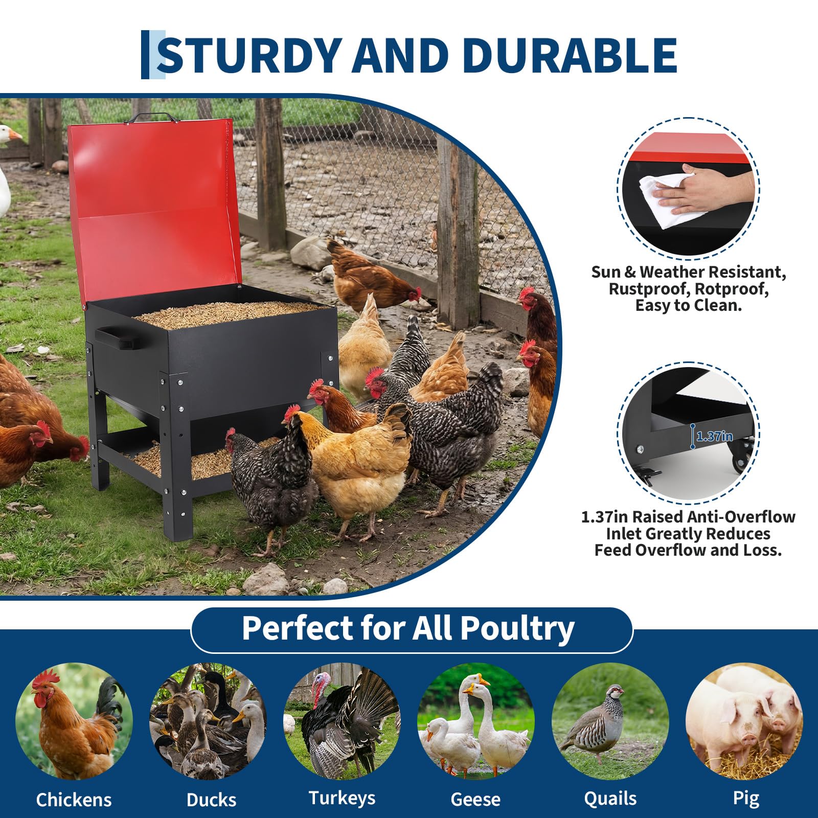 Garvee Metal Chicken Feeding Box, 80 lbs Large Capacity, Portable Galvanized Steel Feeder, Waterproof Lid, No Waste Automatic Poultry Feeder for Ducks, Hens and Roosters, Standing for Chicken Coop, Red
