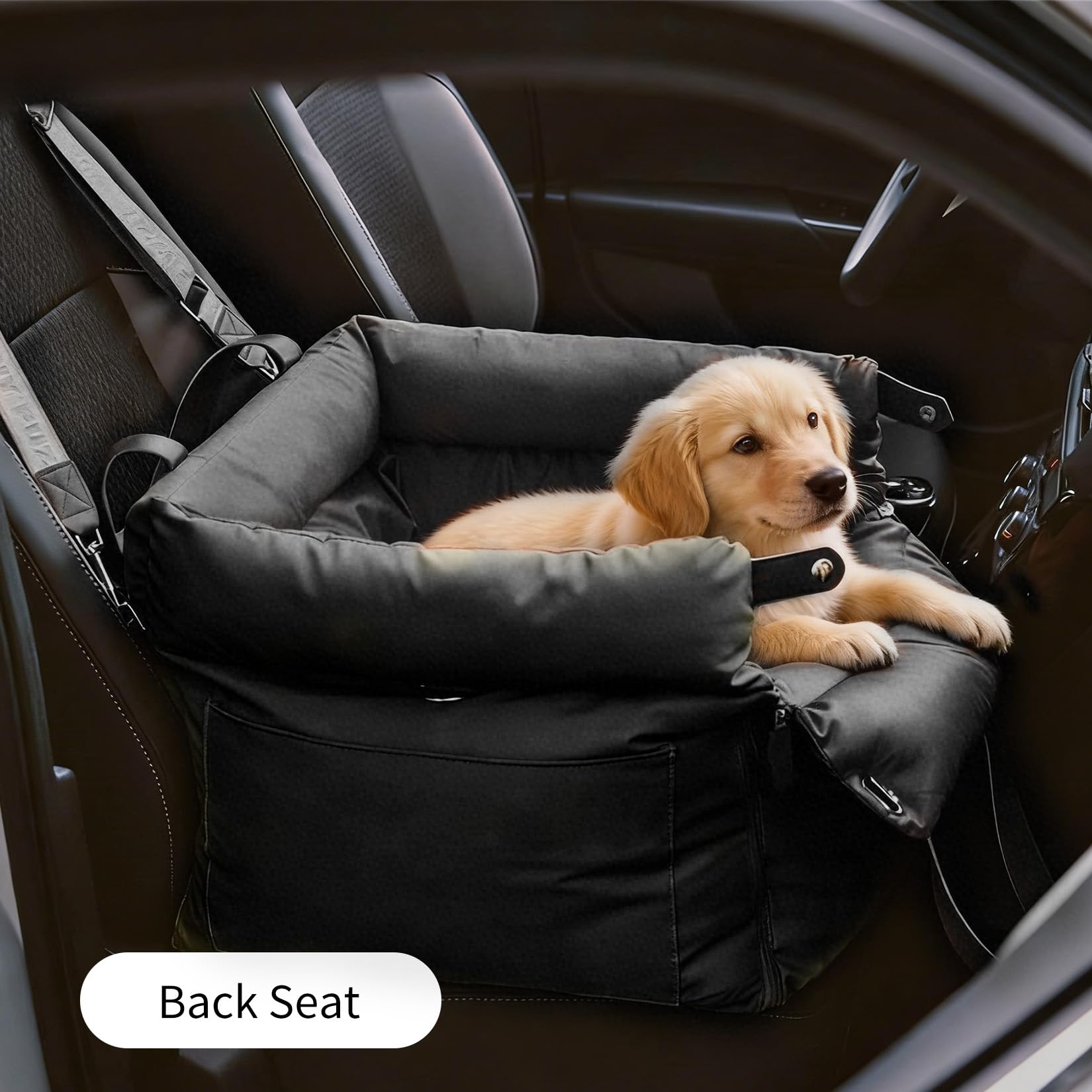 Garvee Dog Booster Car Seat, Waterproof PU Leather Upholstered Cat Bed for Car with Storage Pockets, Portable Pet Seat, Bite-Resistant, Perfect for Travel and Home, Black