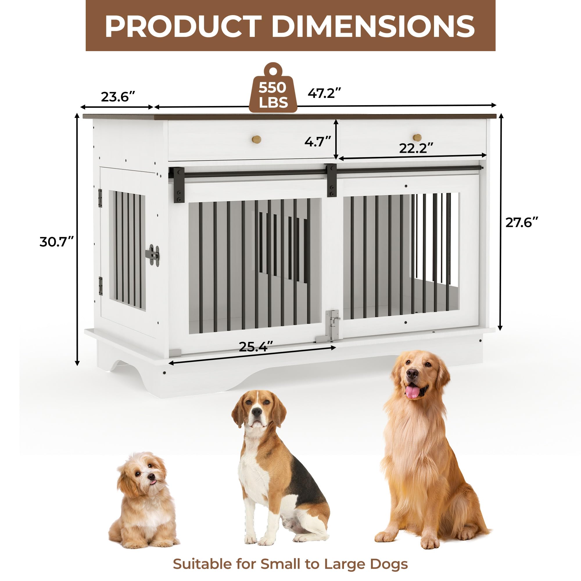 Garvee 2 Pack Spacious Double Dog Crate Furniture, 47" Large Dog Kennel, Removable Divider, 2 Storage Drawers, Chew-Resistant, Triple Door End Table for Large Dogs, White+Brown Table Top