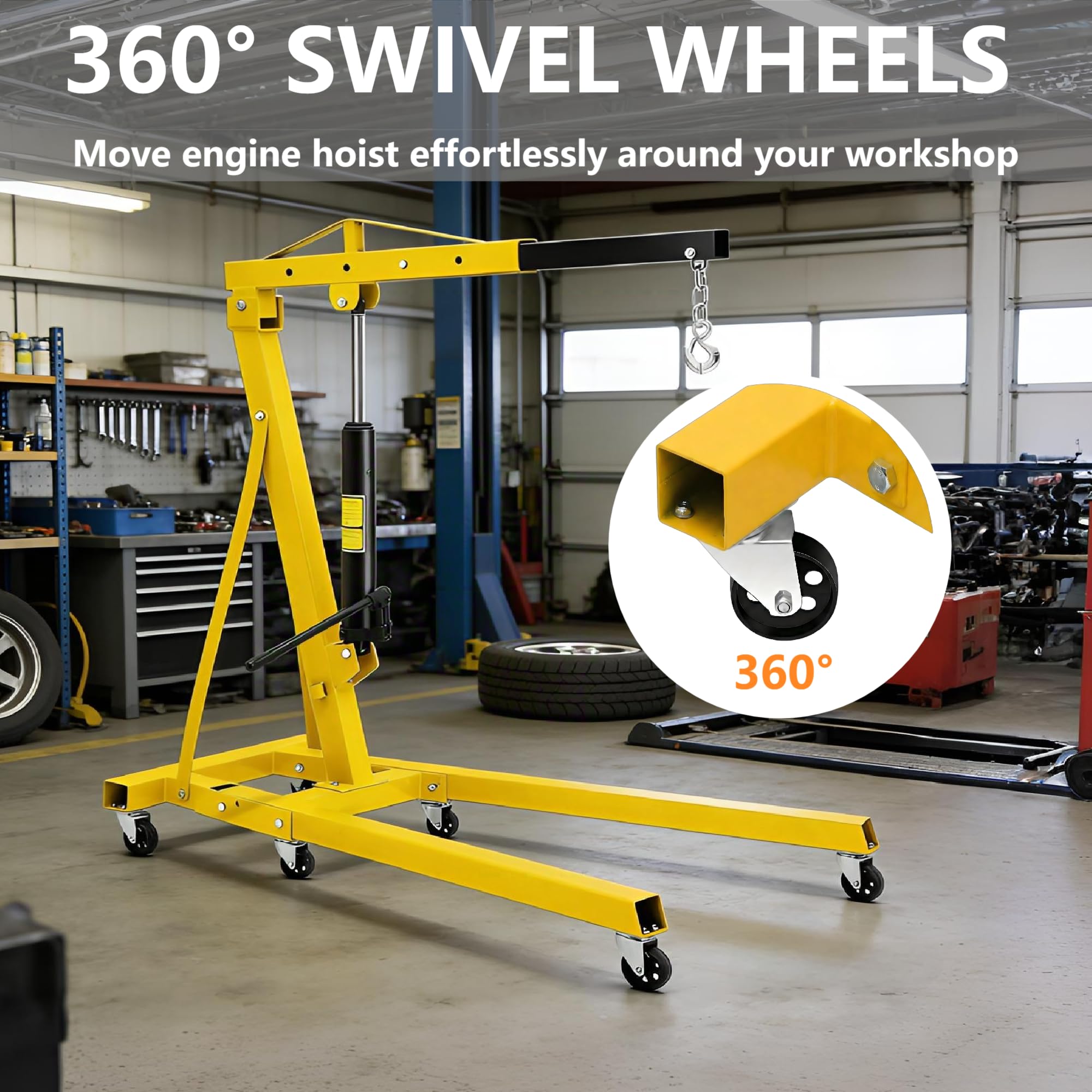 Garvee 2 Ton Hydraulic Engine Hoist with Lever Stabilizer, 4 Adjustable Boom, High-Strength Steel, 6 Swivel Casters, Foldable Design for Auto Repair