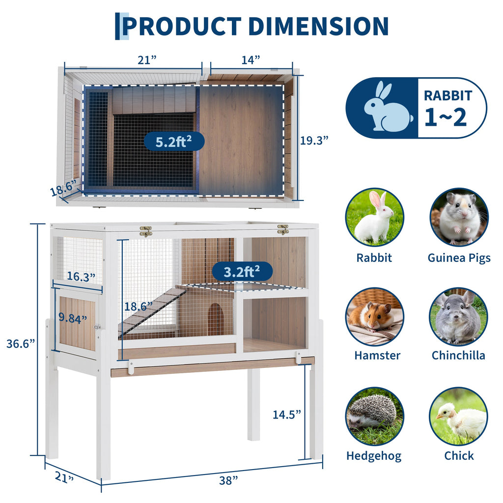 Garvee 38" Wooden Guinea Pig Cage with Stand, 2-Story Small Animal Habitat with Clear View Panels, Pull-Out Tray & Lockable Door, Rabbit Hutch, White