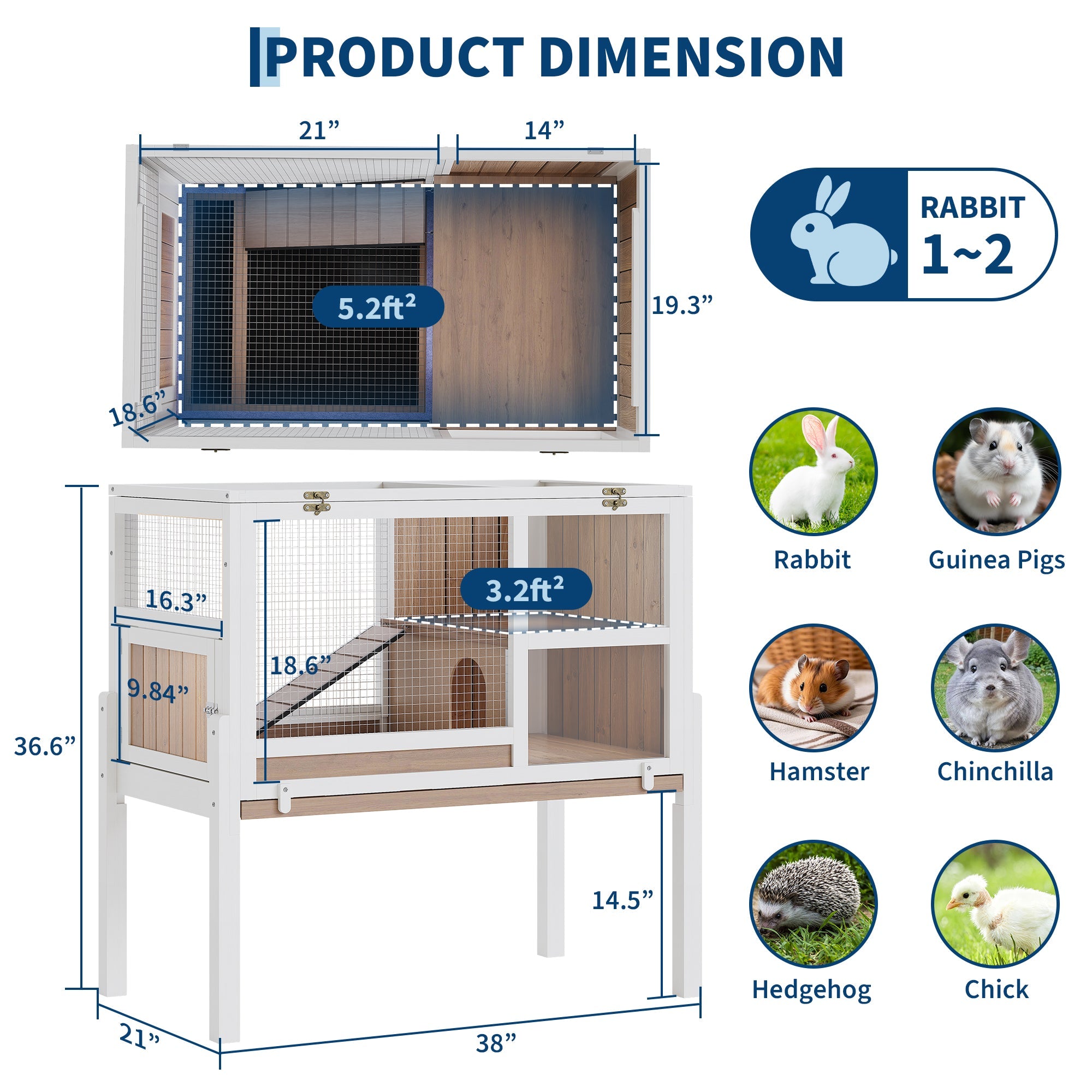Garvee 38" Wooden Guinea Pig Cage with Stand, 2-Story Small Animal Habitat with Clear View Panels, Pull-Out Tray & Lockable Door, Rabbit Hutch, White