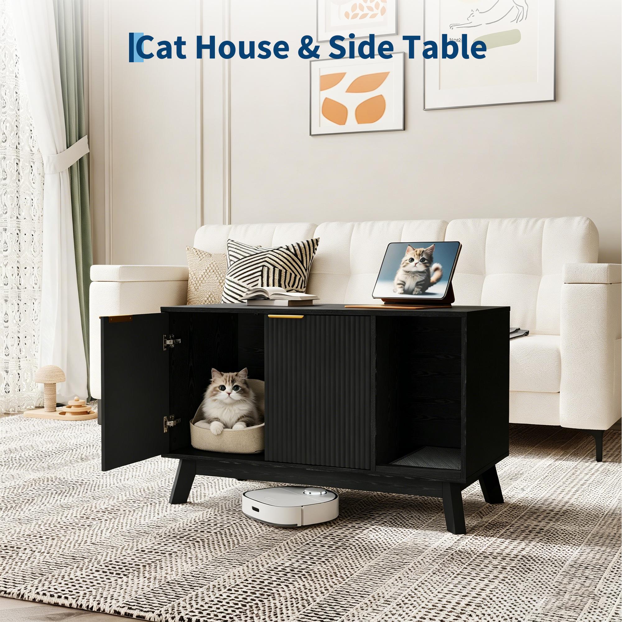 Garvee Cat Litter Box Enclosure Hidden Litter Box Furniture with Scratch Pad Cat House Wooden Cat Washroom Cabinet 2-in-1 for Living Room, Hallway, Black