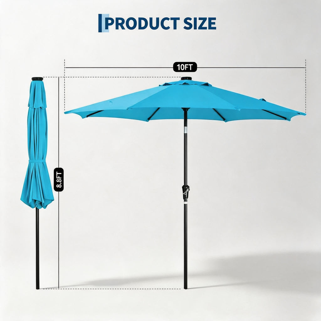 Garvee 10 FT Solar LED Patio Umbrella, 32 Lights, 8-Rib Iron Frame, Crank & Push-Button Tilt Market Umbrella for Table, Pool and Deck, Turquoise