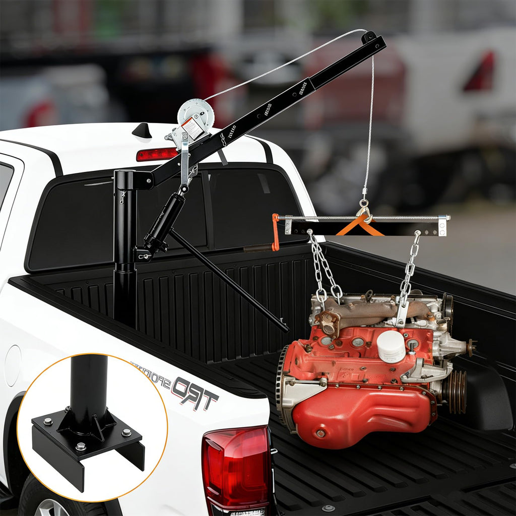 Garvee Pickup Truck Crane, 1000 lbs Capacity Hydraulic Hoist with 360° Swivel, Solid Steel Construction, and Adjustable Boom for Heavy-Duty Industrial Lifting, Black