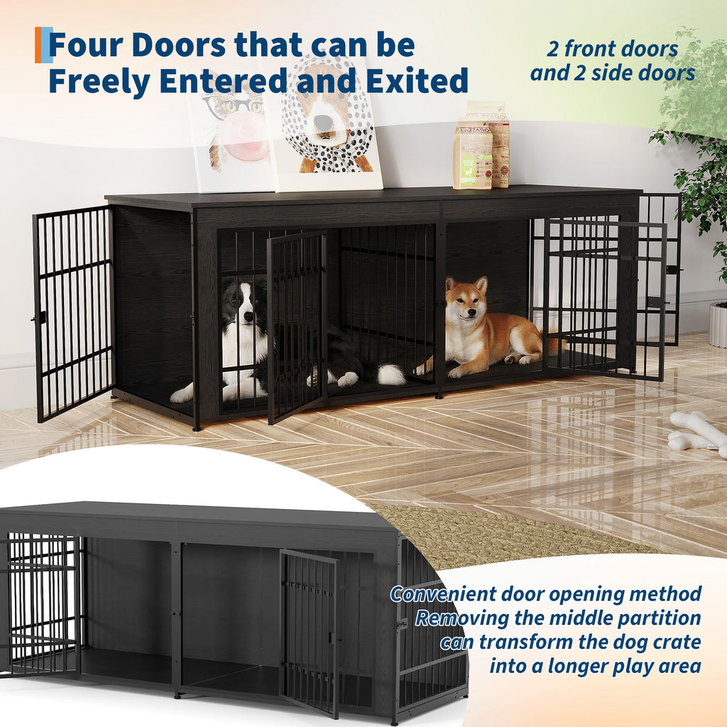 Garvee Heavy Duty Wooden Dog House Furniture – Large 3-in-1 Kennel, 4 Doors, Storage, End Table Style, Adjustable Feet, Vintage Gray, 6.6ft