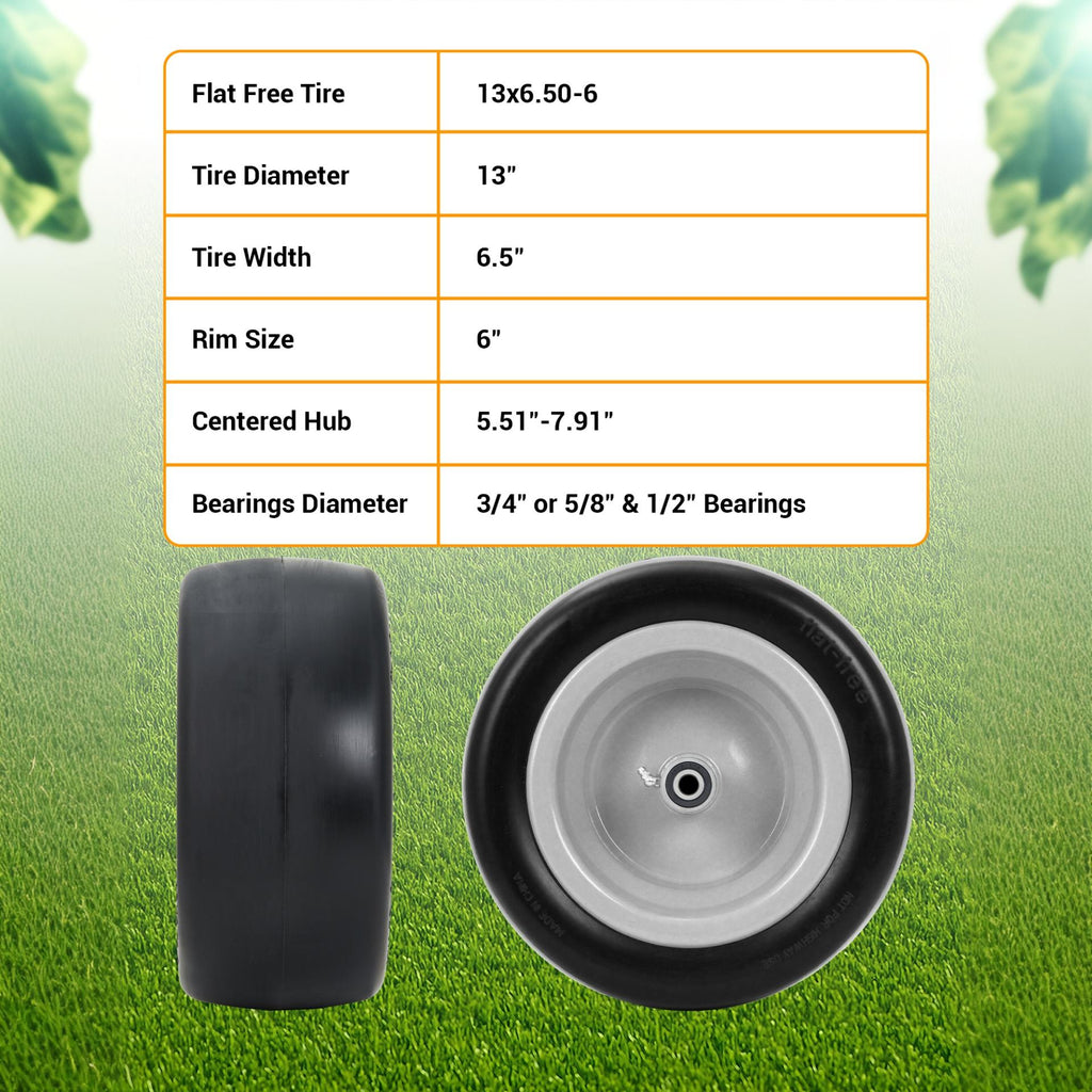 Garvee Flat Free Durable Tire for Golf Cart - Heavy Duty 500lbs, Zero Turn Front Wheel, Centered Hub with 1/2", 5/8", 3/4" Ball Bearings - Replacement for Bad Boy, Cub Cadet - 2 Pack, Size: 13×6.50-6