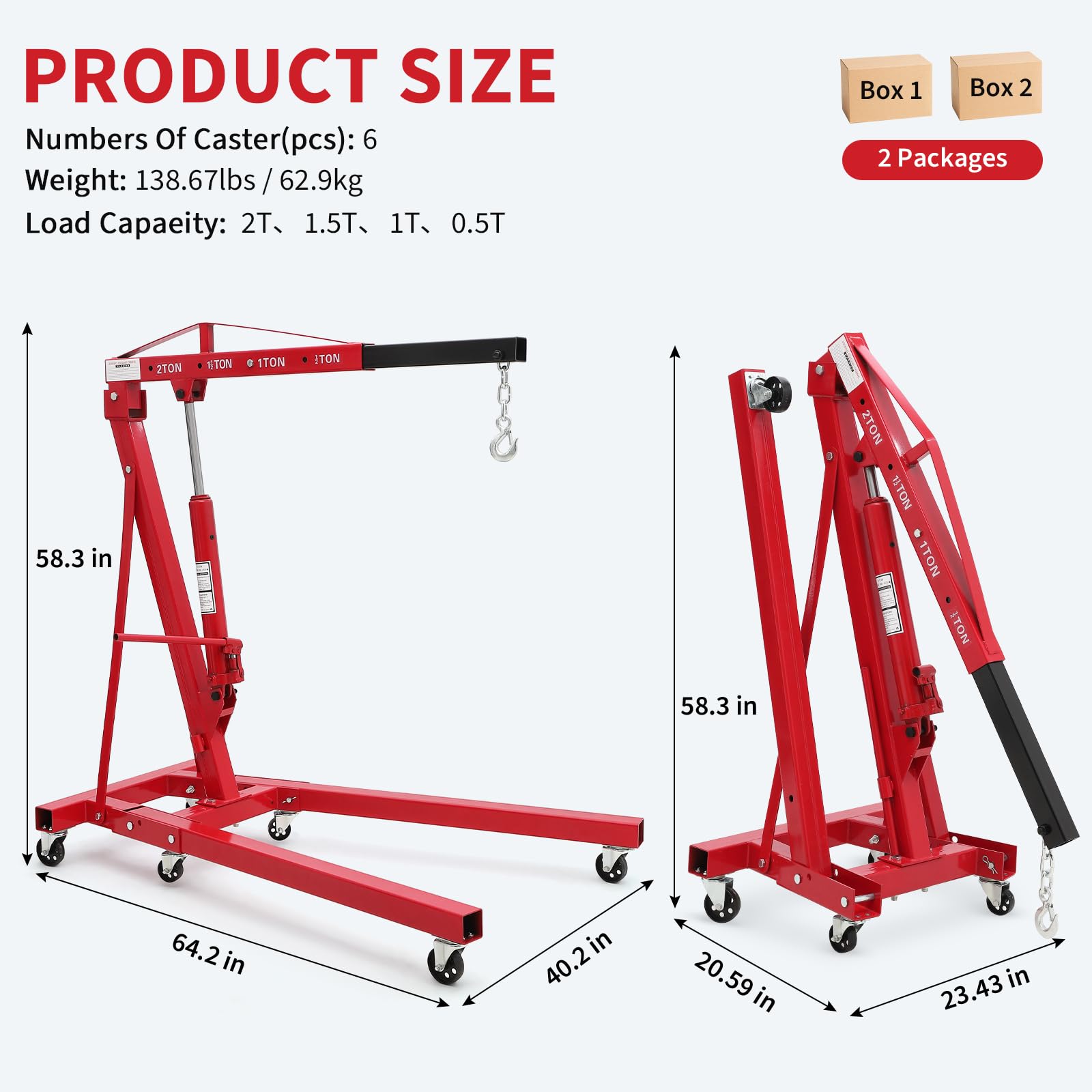 Garvee 2 Ton Hydraulic Engine Hoist - Folding Cherry Picker Crane with Adjustable Telescoping Boom - 4400 LBS Capacity, 6 Swivel Caster Wheels - Heavy Duty for Garage, Workshop, Warehouse – Red without Load Distributor, 2T