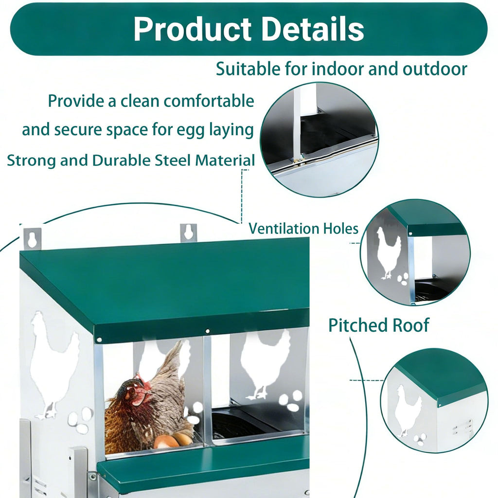 Garvee 3-Compartment Galvanized Metal Chicken Nesting Box – Wall Mounted or Freestanding Laying System for Hens, Chickens, or Ducks – 10 Dampness Pads, 4 Fake Eggs, Perch, Lid Cover – Ventilated & Weatherproof – 3-compartment basic model