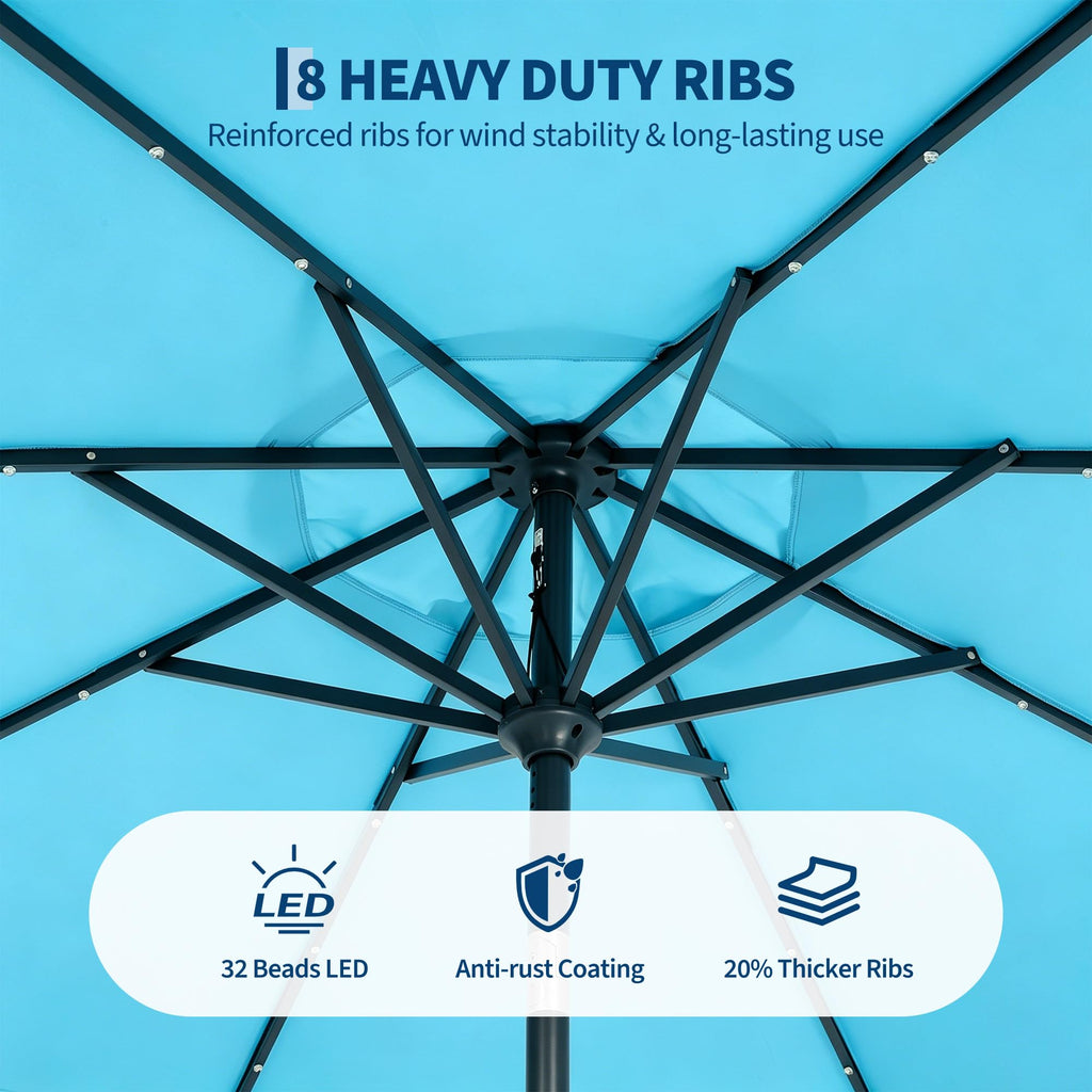 Garvee 9 FT Solar LED Patio Umbrella, Outdoor Market Table Umbrella with Tilt & Crank, 32 Lights, 8 Iron Ribs, UV Sun Shade for Garden, Deck & Pool, Blue