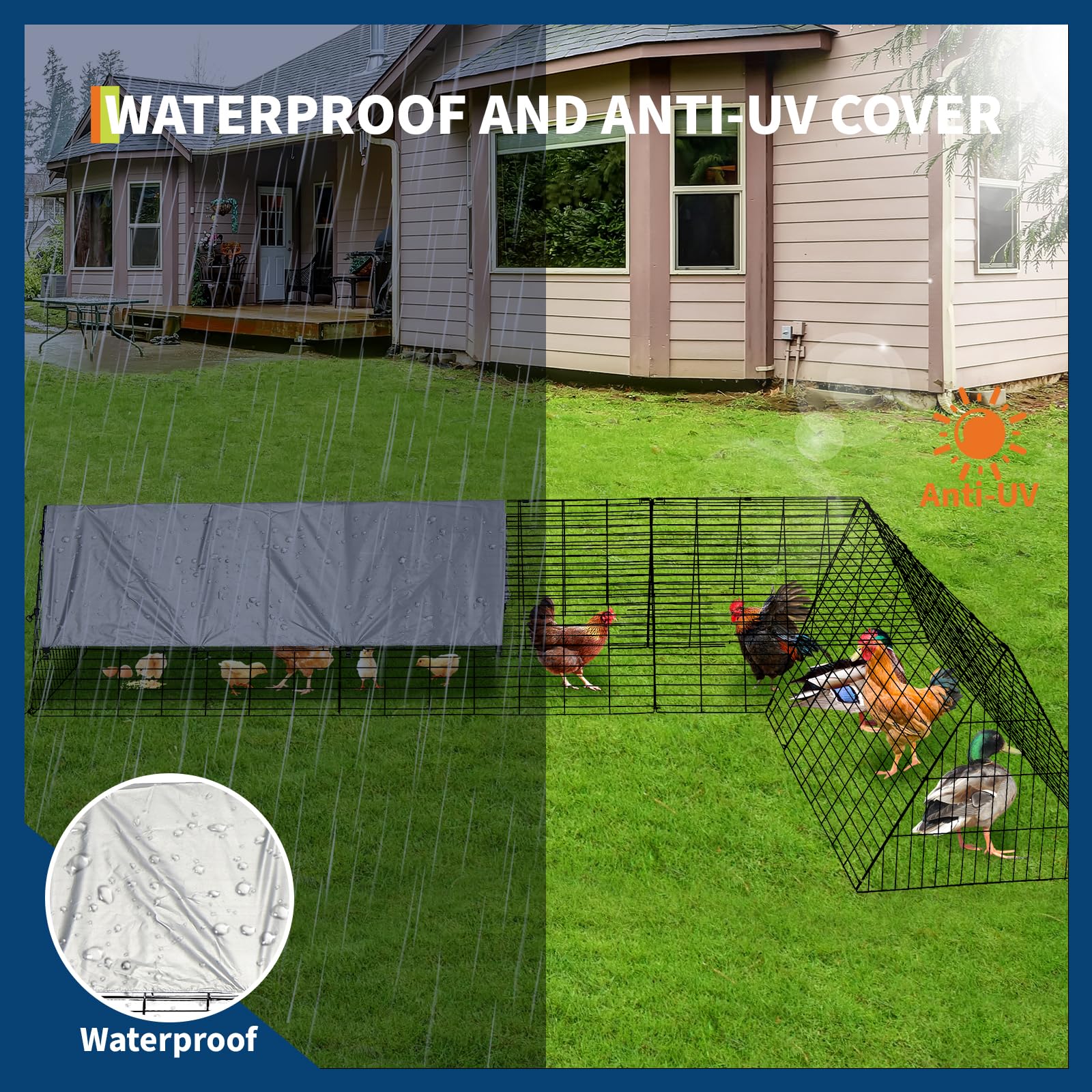 Garvee Large Metal Chicken Coop with Run - Heavy-Duty Outdoor Portable Chicken Tractor with Waterproof Cover, Predator-Proof Poultry Enclosure for Hens, Ducks, Rabbits
