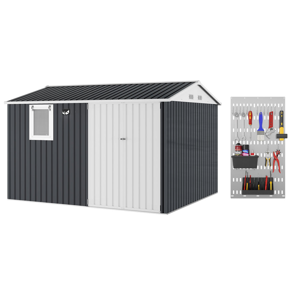 Garvee 10x8FT Black Metal Outdoor Storage Shed with Pushable Window, LED Light & Pegboard, Lockable Double Doors, Sloping Roof, Ventilation, Corrosion-Resistant Steel Garden Tool Shed for Patio, Backyard & Garage