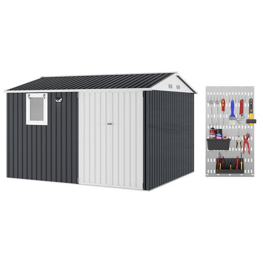 Garvee 10x8FT Black Metal Outdoor Storage Shed with Pushable Window, LED Light & Pegboard, Lockable Double Doors, Sloping Roof, Ventilation, Corrosion-Resistant Steel Garden Tool Shed for Patio, Backyard & Garage