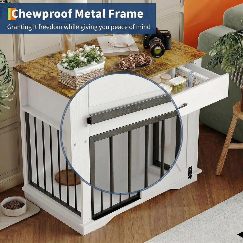 Garvee 38" Dog Crate Furniture, Wooden Dog Furniture with Sliding Door and Drawer, 2 in 1 Indoor Pet House and Side End Table for Small to Medium Dogs, White
