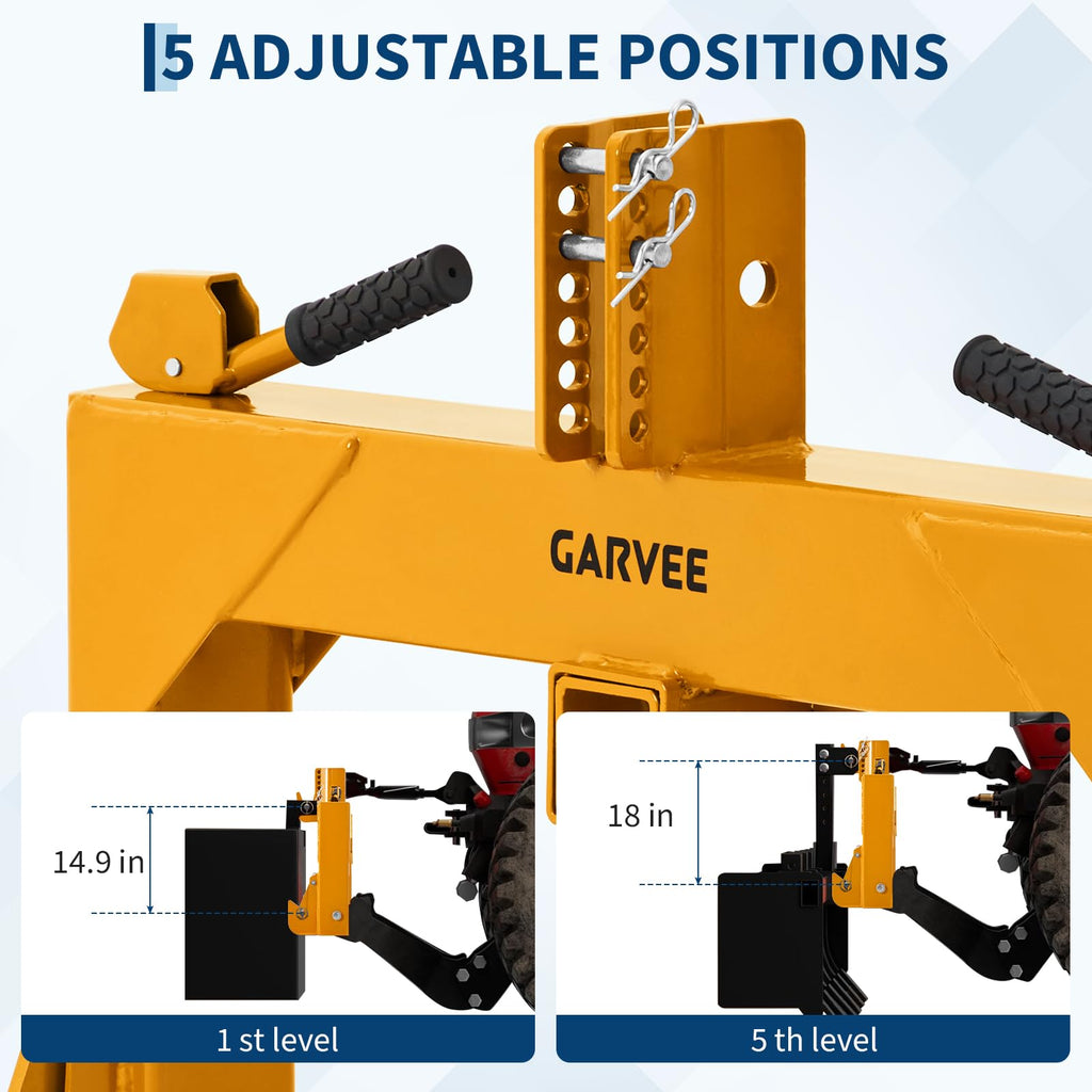 Garvee Heavy-Duty Category 1 3-Point Quick Hitch for Tractor, 3000 lbs Lift Capacity with Built-In 2" Receiver, 5-Level Bolt-On Adjustable Top Hook Tractor Attachment, No Bushing Required, Yellow Finish (24" x 24")