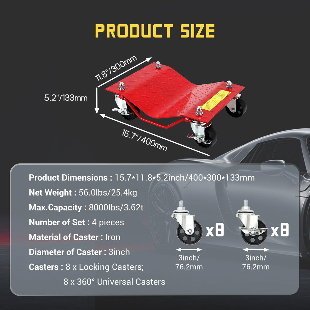 Garvee Car Dolly Set of 4, 8000 LBS Capacity Heavy Duty Alloy Steel with 3in Wheels, Curved Design, Anti-Slip Rails for Garage Use, Red