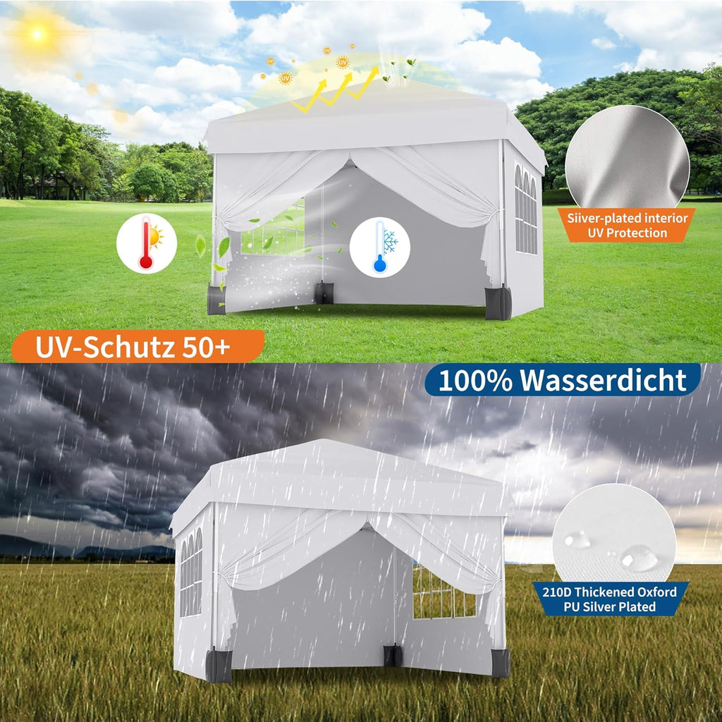 Garvee 10' × 10' Pop Up Canopy Tent with 4 Removable Sidewalls, UPF 50+ Outdoor Shelter with 3 Height Settings, Steel Frame, Carry Bag, Stakes, Ropes and Sandbags, White