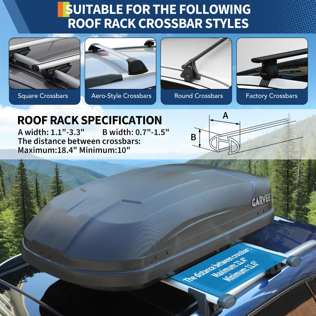 Garvee 12 Cubic Rooftop Cargo Box Carrier, Dual-Side Opening Hard-Shell Roof Mount with 135 lbs Capacity, Secure Straps & Keys for Travel Luggage Storage, Black