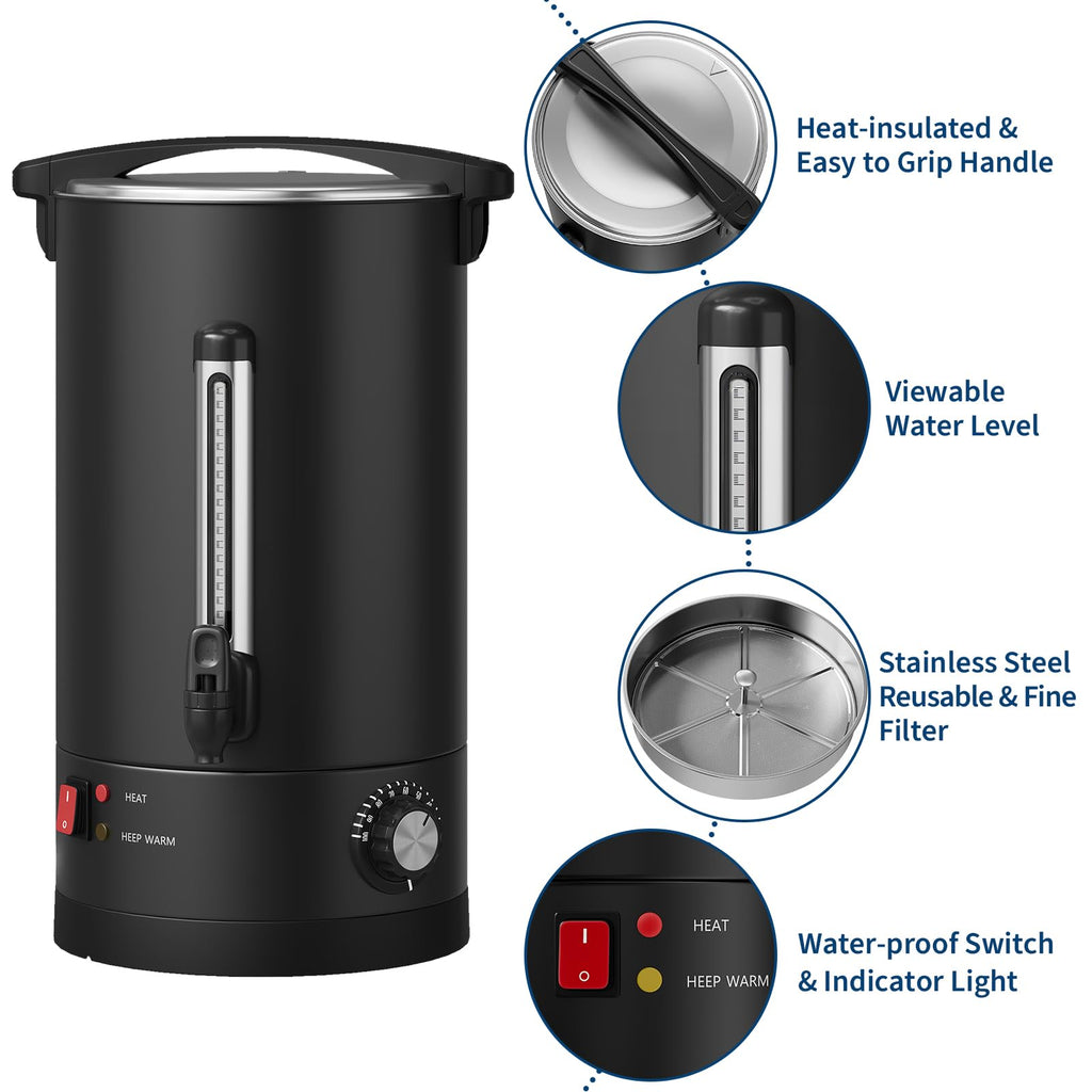 Garvee Large Capacity Commercial Coffee Urn – 14L Stainless Steel Double Wall Electric Hot Beverage Dispenser, Fast Heating, Drip-Free Faucet – Perfect for Catering, Buffet, Office, Party – Specification: 14L