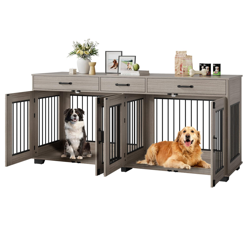 Garvee 71" Large Dual-Room Dog Crate with 3 Drawers, Double Doors, Metal & Wood, Storage & Security, Grey, Indoor Furniture Style