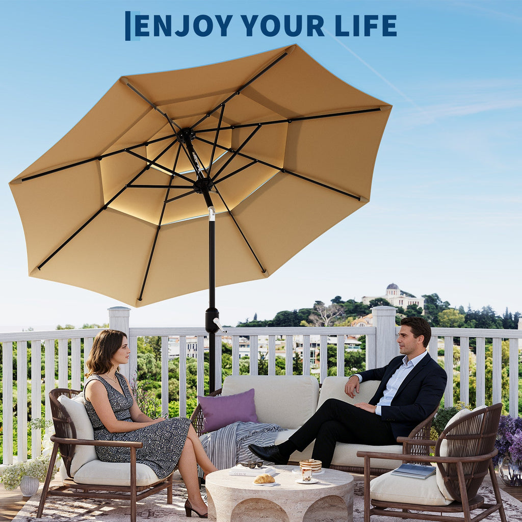 Garvee 10' Outdoor Patio Umbrella, 3-Tier Vented Canopy with Crank Tilt, 8 Ribs, Tan