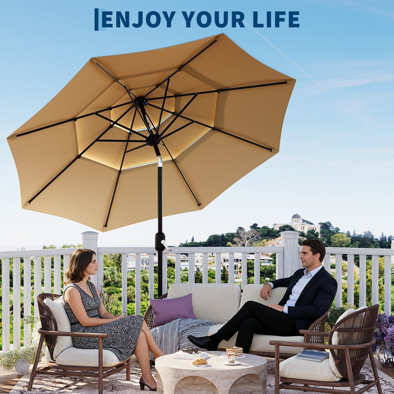 Garvee 10' Outdoor Patio Umbrella, 3-Tier Vented Canopy with Crank Tilt, 8 Ribs, Tan