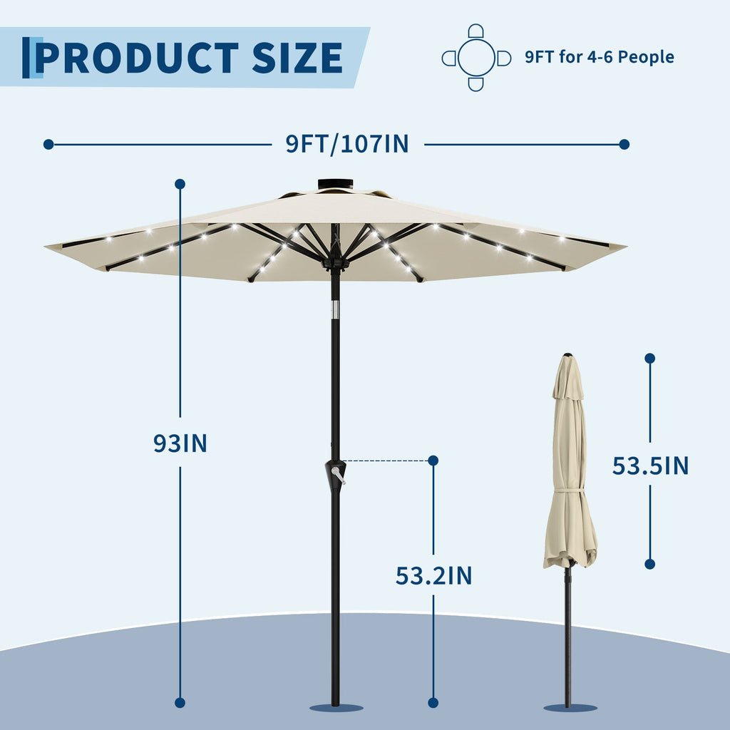 Garvee 9FT Solar LED Patio Umbrella, Waterproof Outdoor Market Table Umbrella with 8 Ribs, Crank Lift, Push Button Tilt, UV Protection for Garden, Pool & Deck, Beige