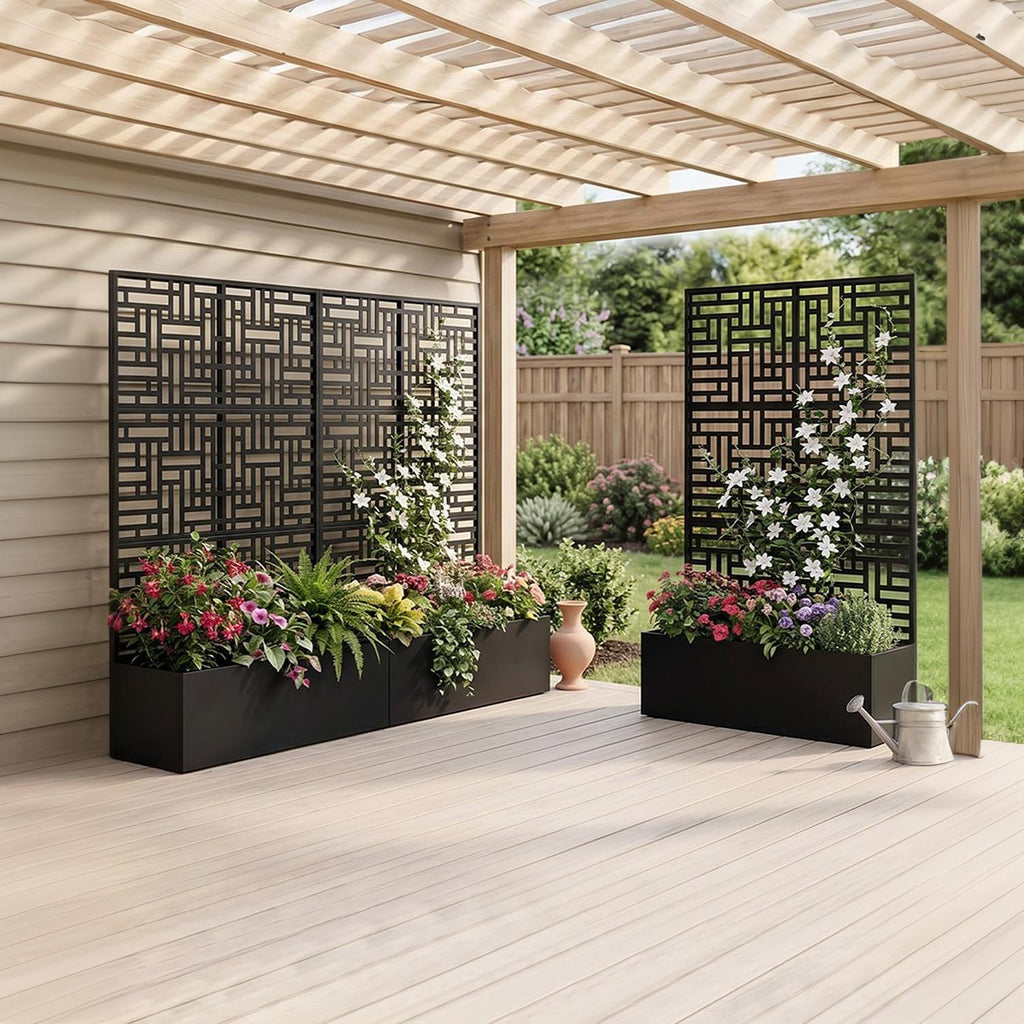 Garvee Raised Planter Box with Trellis for Climbing Plants, 71 in All-Weather Metal Garden Bed with Privacy Screen, Drainage Holes and Black Louvered Panel