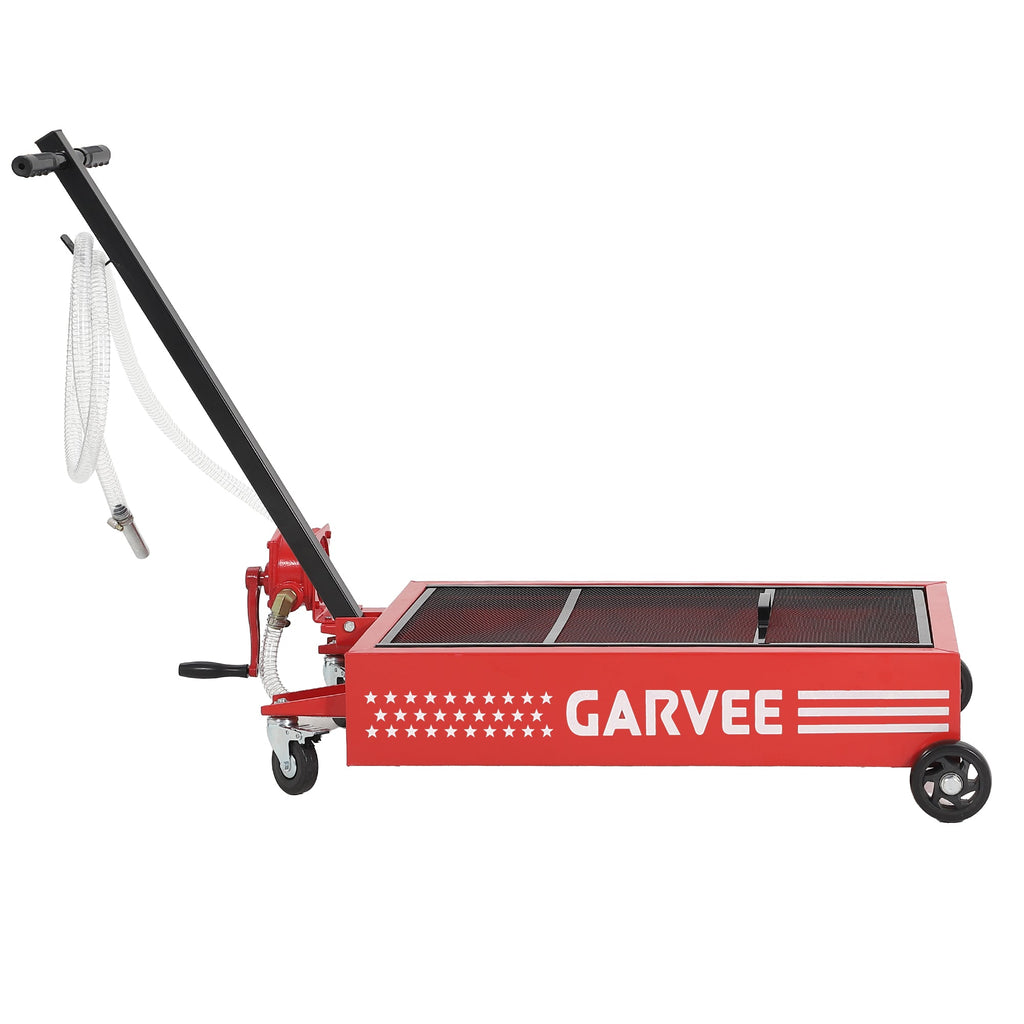 Garvee Heavy Duty Low Profile Oil Drain Pan with Manual Pump – 15 Gallons – 8 ft Hose, Collapsible T-Handle, Rolling Cart, Lockable Swivel Casters – Leak-Proof Waste Oil Container for Cars, Trucks, SUVs – Waistline Version, Red