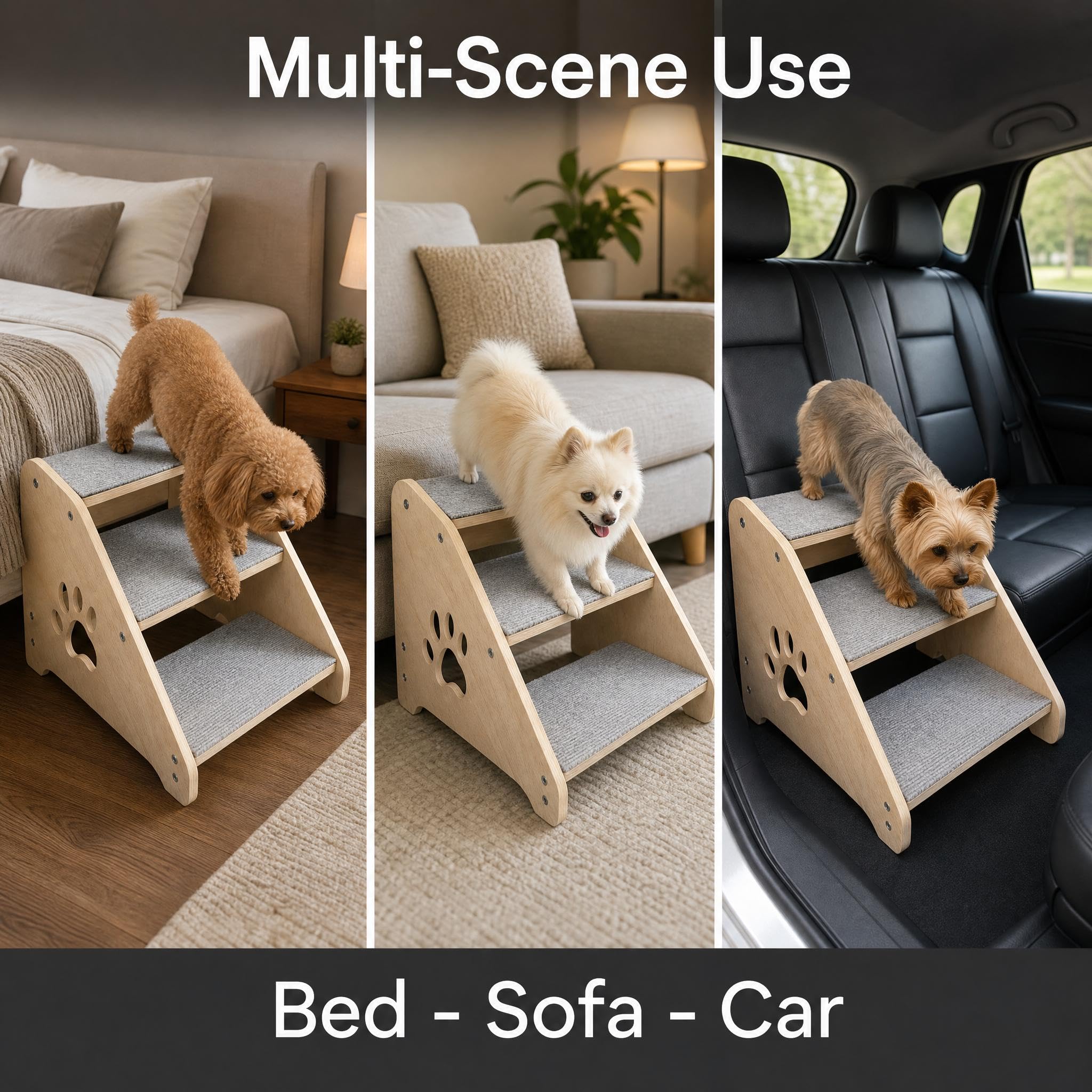 Garvee Wooden 3 Step Pet Stairs for Small Dogs and Cats with Non Slip Steps, Soft Fabric Cover, Low Profile for Bed Couch Car, for Puppies Kittens and Older Cats, Gray